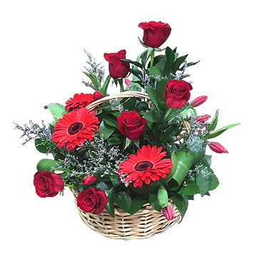 Basket with roses, gerbers decorated with verdure