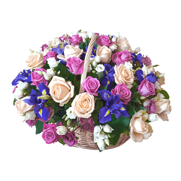 Basket with roses, irises and lisianthus