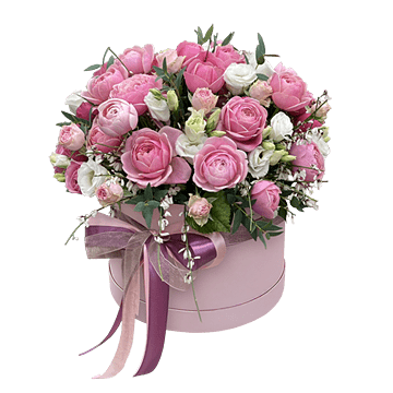 Кустовые розы и лизиантусы в шляпной коробке