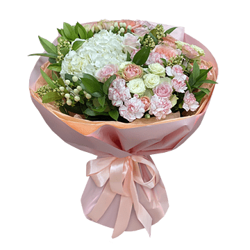 Bouquet de roses, hortensias, oeillets