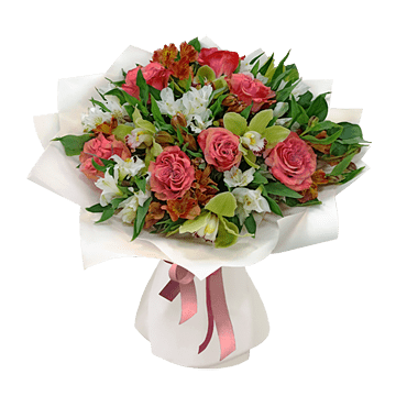 Blumenstrauß aus Rosen, Alströmerien und Orchideen