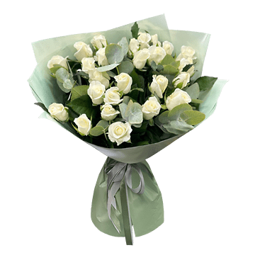 Bouquet of white roses (70-80 cm.) with eucalyptus