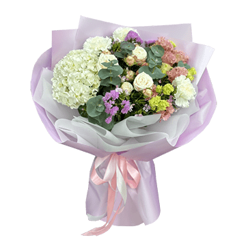 Bouquet dhortensias, roses, lisianthus
