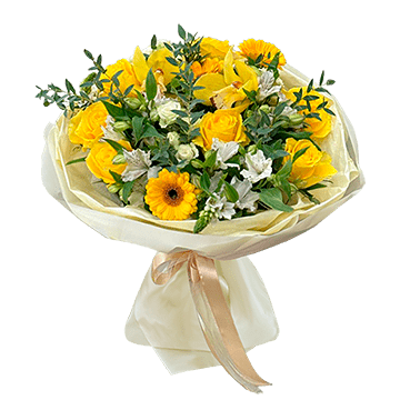 Bouquet of roses, gerberas, and alstroemerias