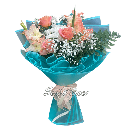 Bouquet de roses, glaïeuls et chrysanthèmes
