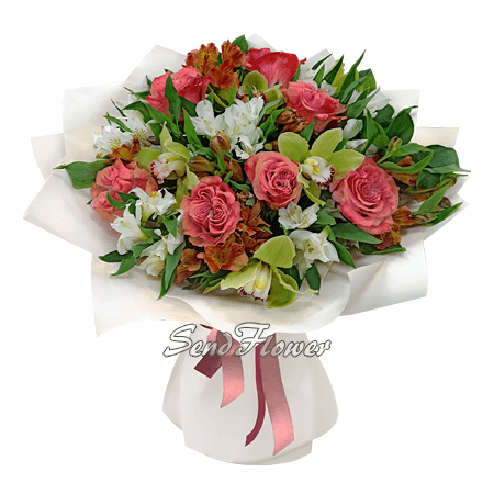 Bouquet of roses, alstroemeria and orchids