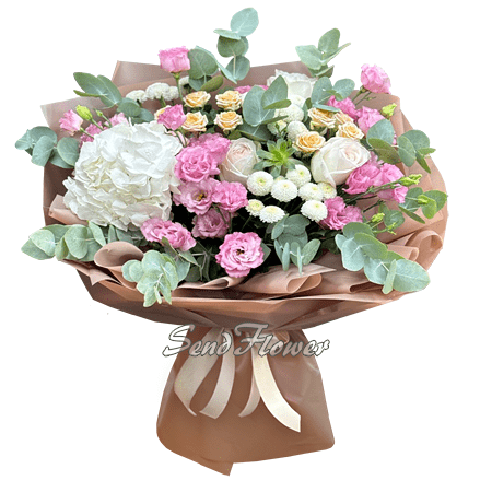 Bouquet of hydrangeas, lisianthus, roses