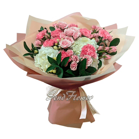 Bouquet de roses, œillets et hortensias