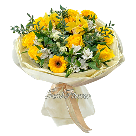 Букет из роз, геребер, альстромерий